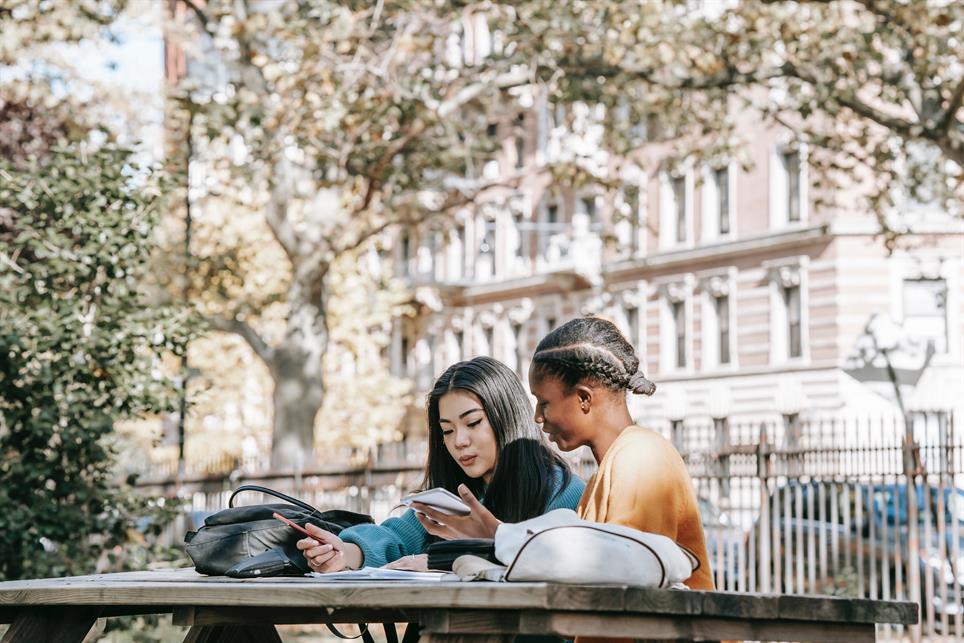 diverse female students studying textbooks together in a city park