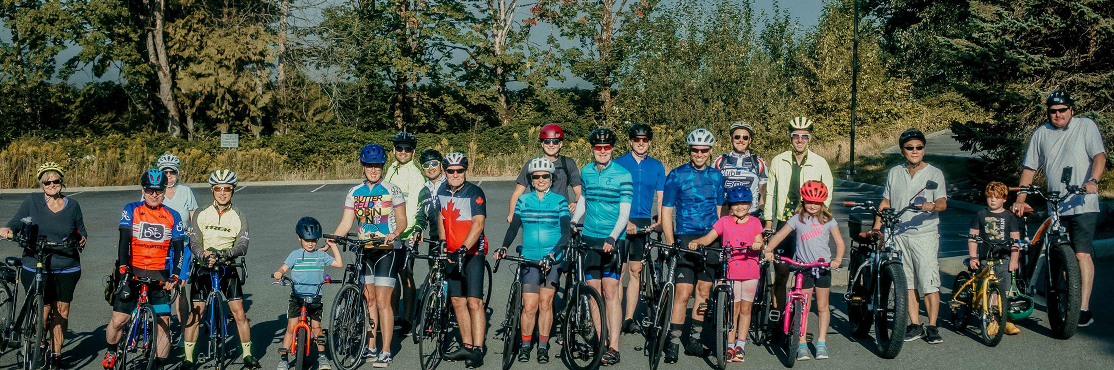 Photo banner for the 2022 Ride to Thrive with a photo of a group of riders from the 2021 event in Abbotsford, BC