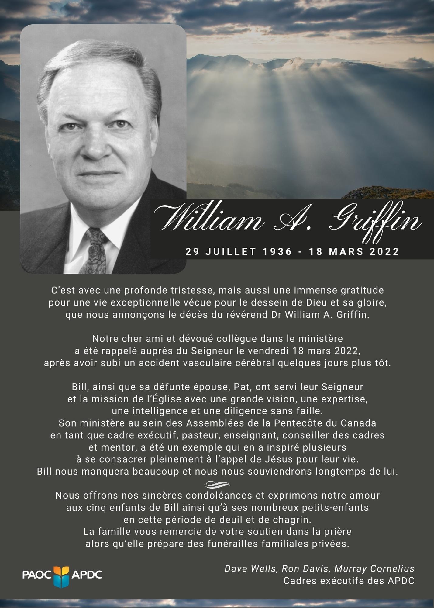 Annonce des APDC – Décès du révérend Dr William A. Griffin