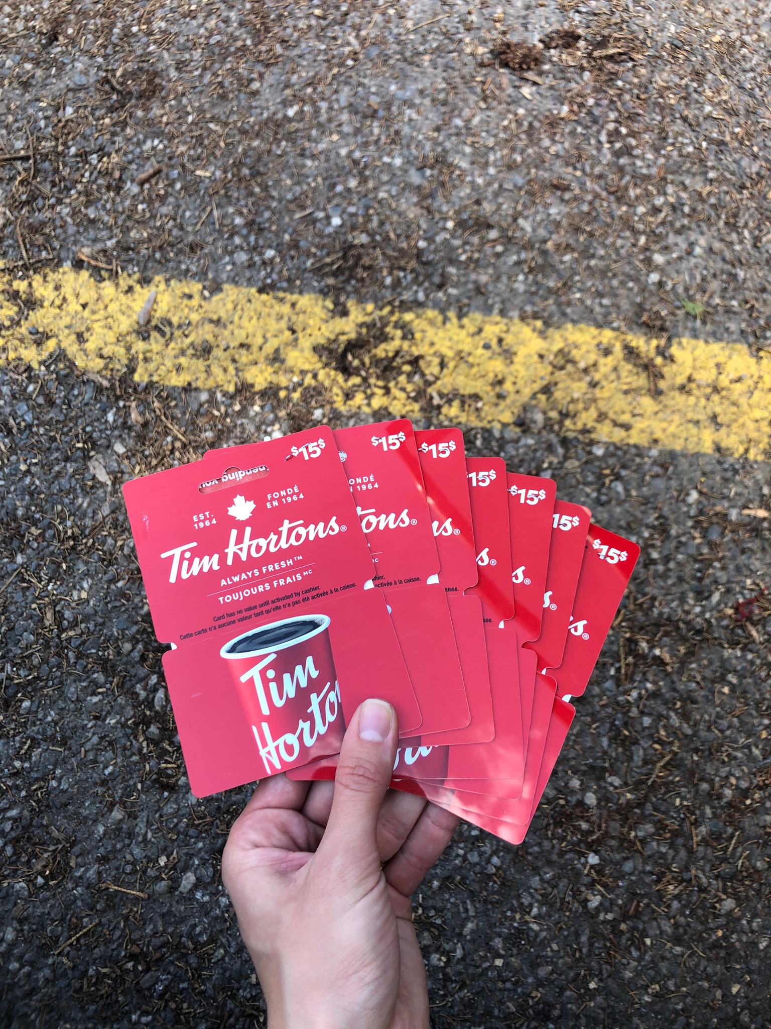 A photo of a hand holding some Tim Horton's gift cards.