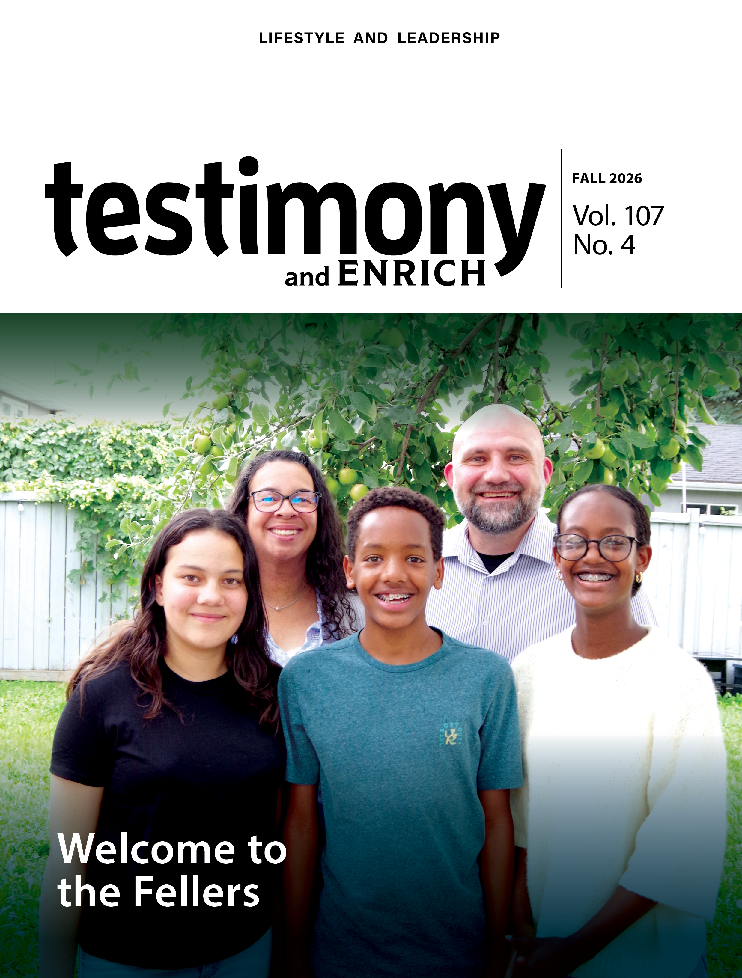 The cover of the Fall 2026 issue of testimony/Enrich magazine with Jeremy Feller and his family.
