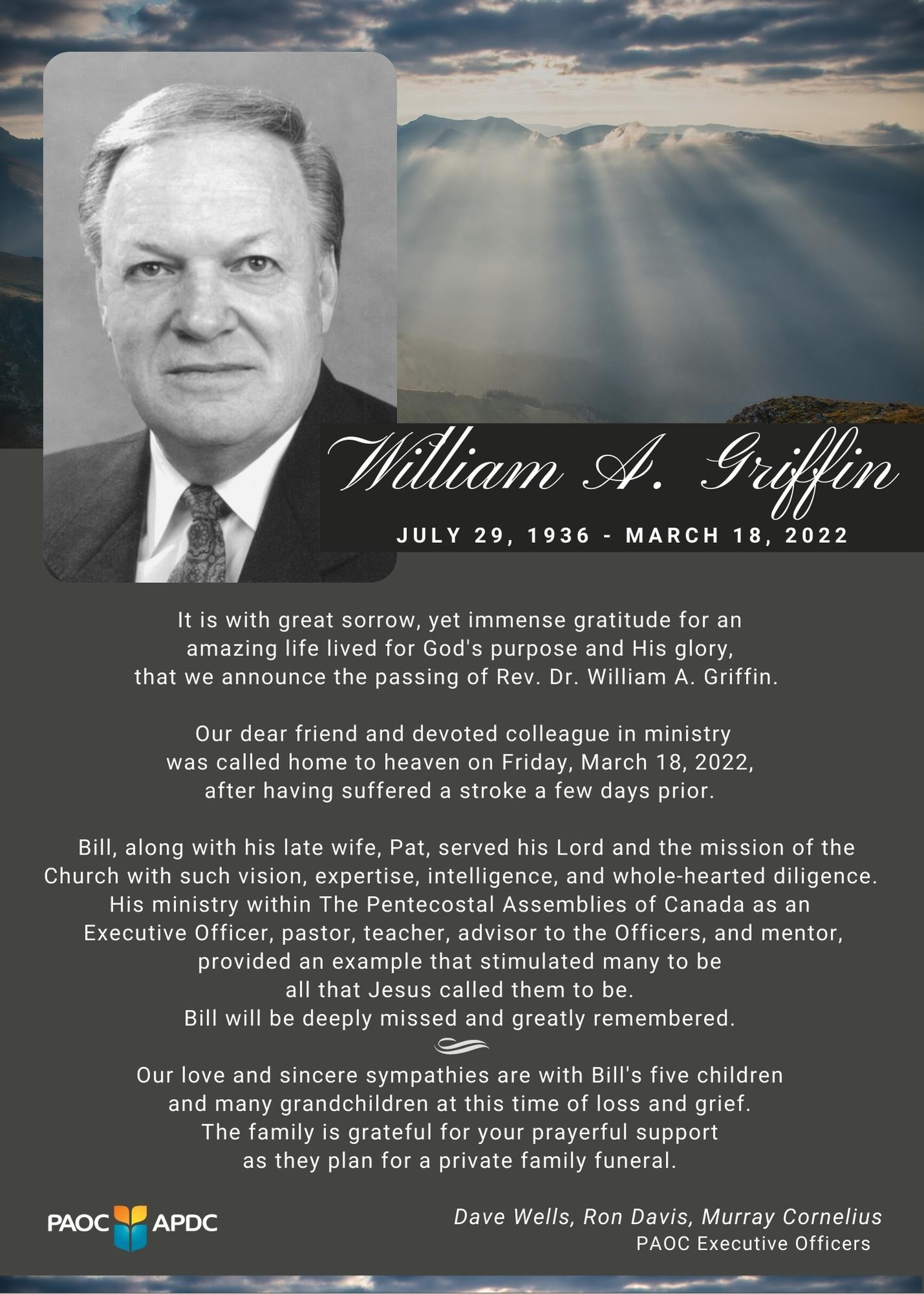 Full announcement of The Passing of William A. Griffin, July 29 1936 - March 18 2022 